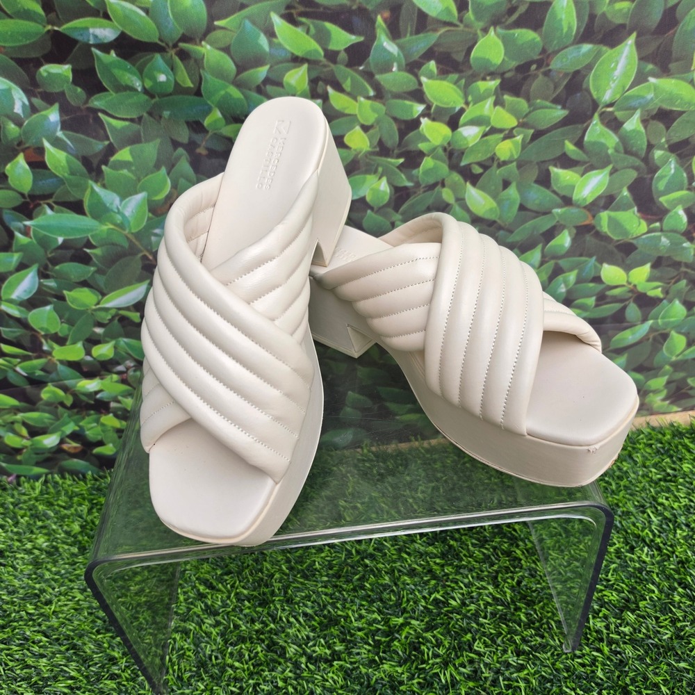 Mercedes Castillo Kuri Quilted Leather Platform Sandals Cream Block Heel 9